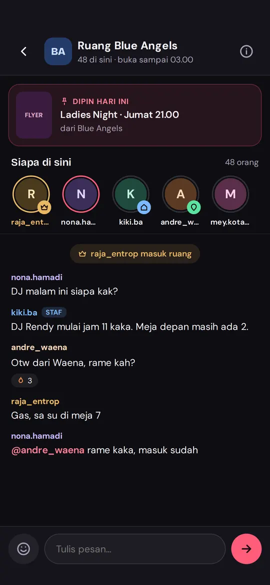 Layar Ruang: chat room tempat dan daftar Siapa di sini